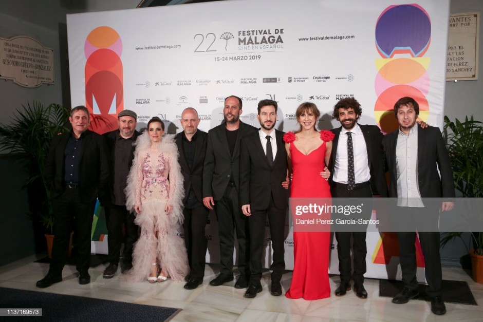 MALAGA, SPAIN - MARCH 20: (L-R) Sergi Lopez, David Torras, Nuria Gago, Esteve Soler, Gerard Quinto, Aina Clotet and David Verdaguer attend 'Los dias que vendran' premiere at the Cervantes Theater during the 22nd Malaga Film Festival on March 20, 2019 in Malaga, Spain. (Photo by Daniel Perez Garcia-Santos/WireImage)